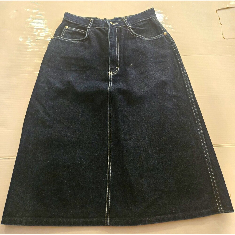 Gitano Blue Solid Denim A-Line Midi Skirt Women's 8 Mid Rise Pockets Slit Zip